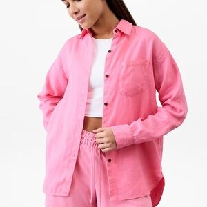 Athleta NWT Retreat Linen Button Down Shirt Pink Raphanus LoPink Button-Up Shirt